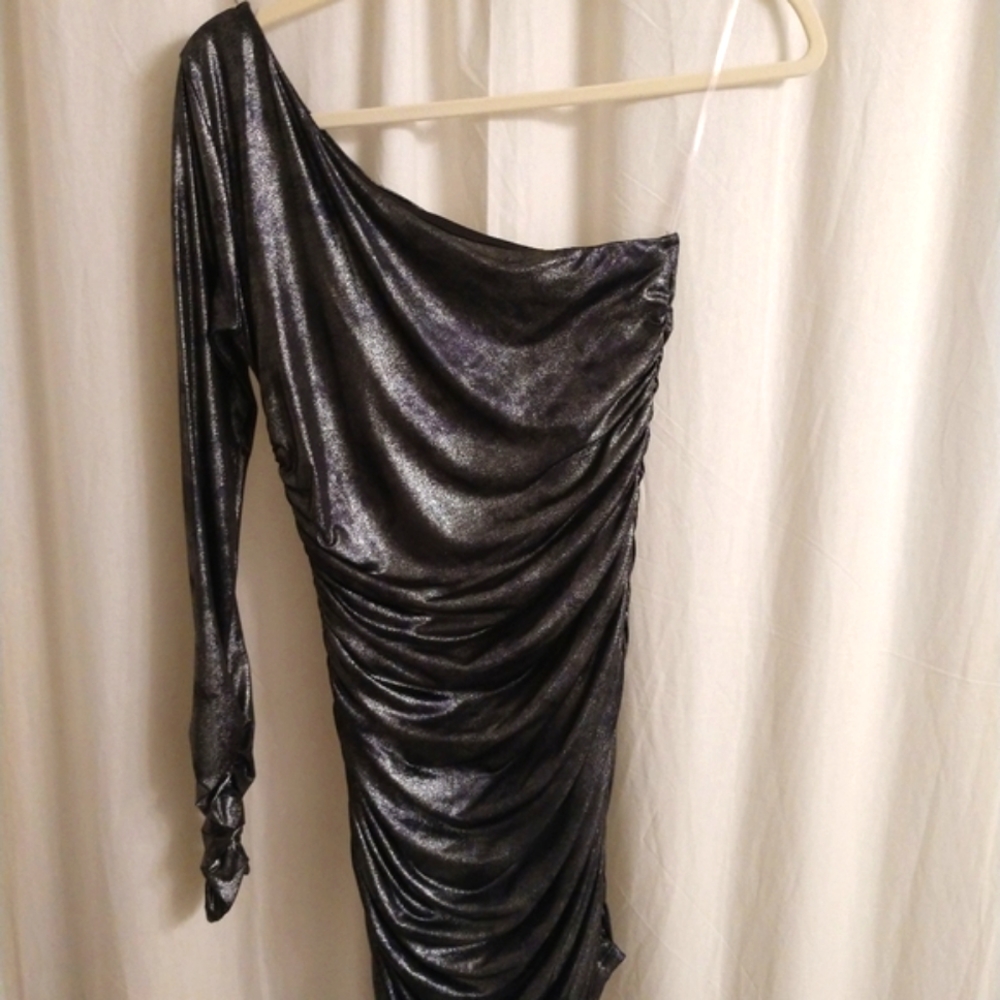 Metallic silver roushed one sleeve mini